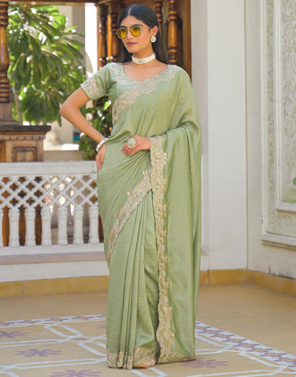 Mint Green Vichitra Silk Embroidery Saree