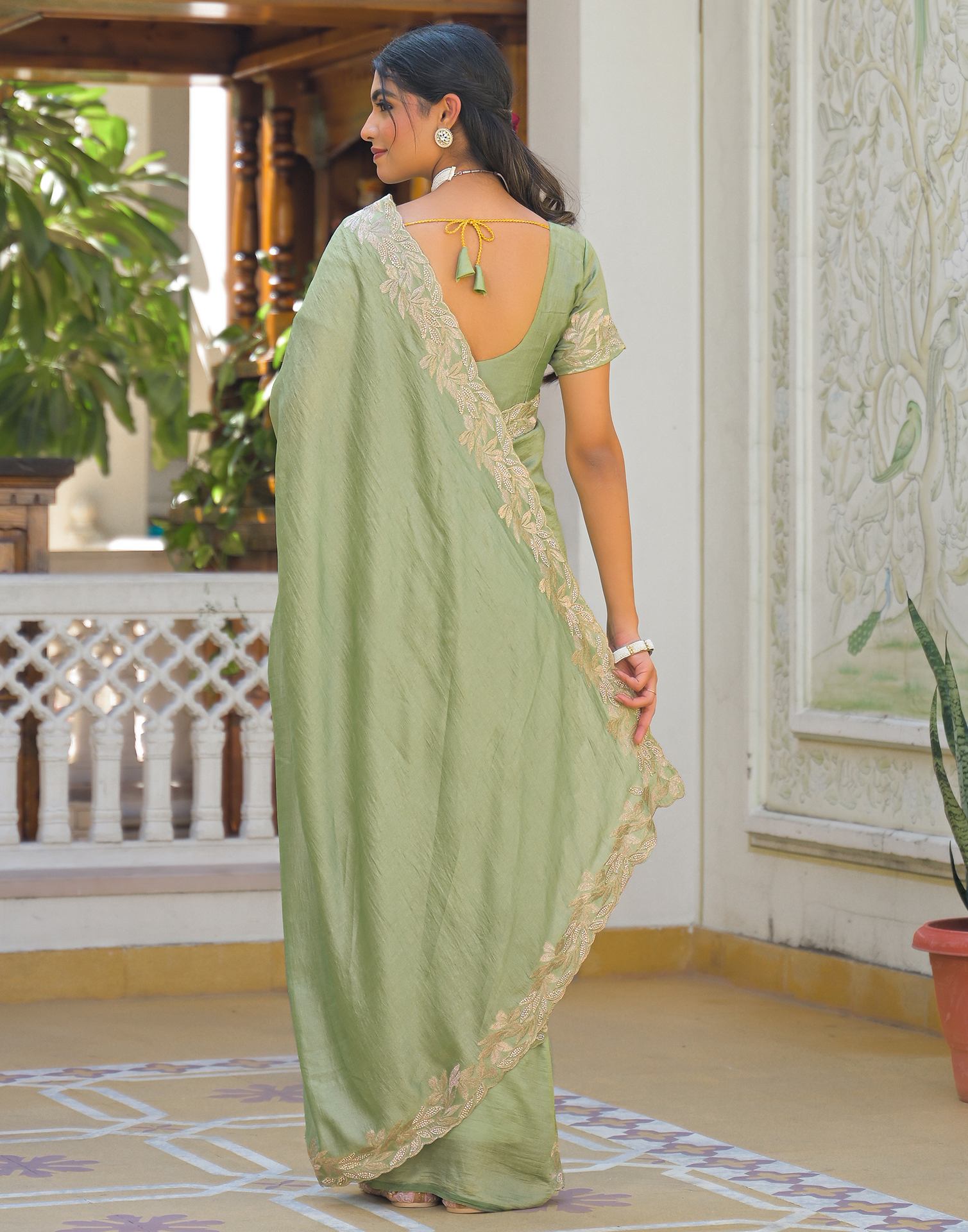 Mint Green Vichitra Silk Embroidery Saree