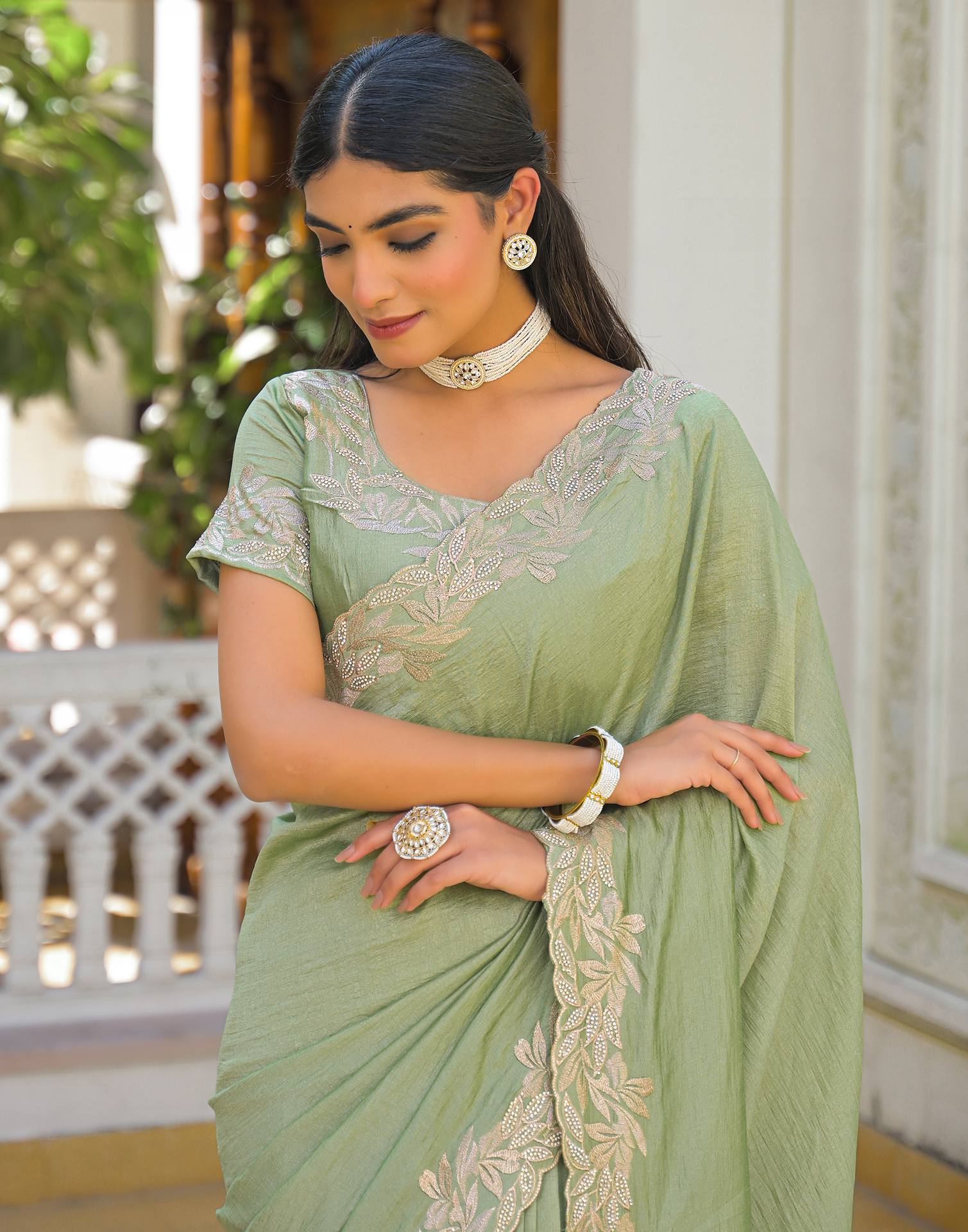 Mint Green Vichitra Silk Embroidery Saree