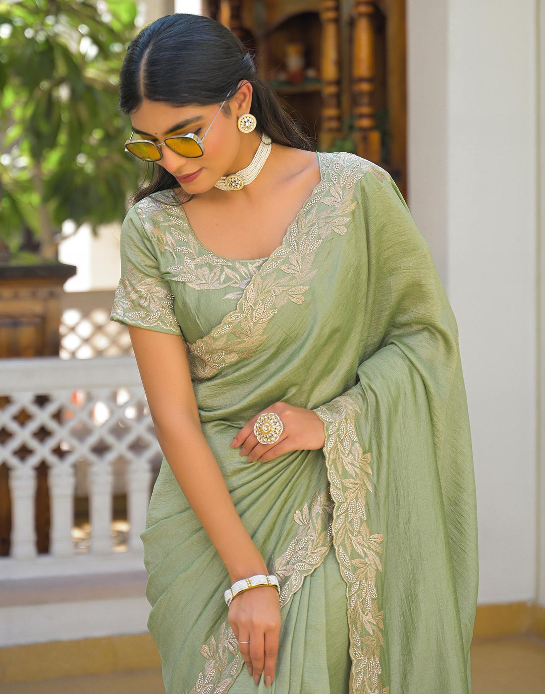 Mint Green Vichitra Silk Embroidery Saree