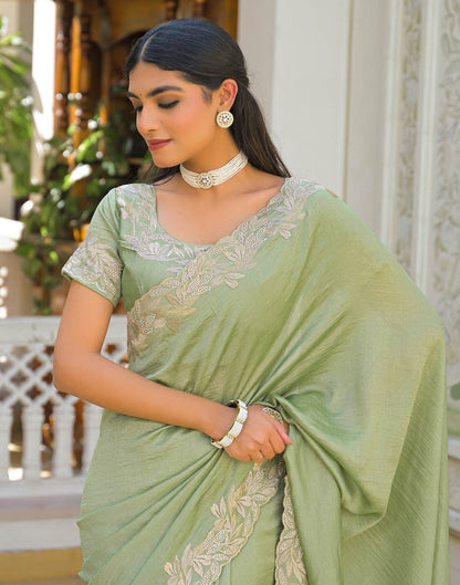 Mint Green Vichitra Silk Embroidery Saree
