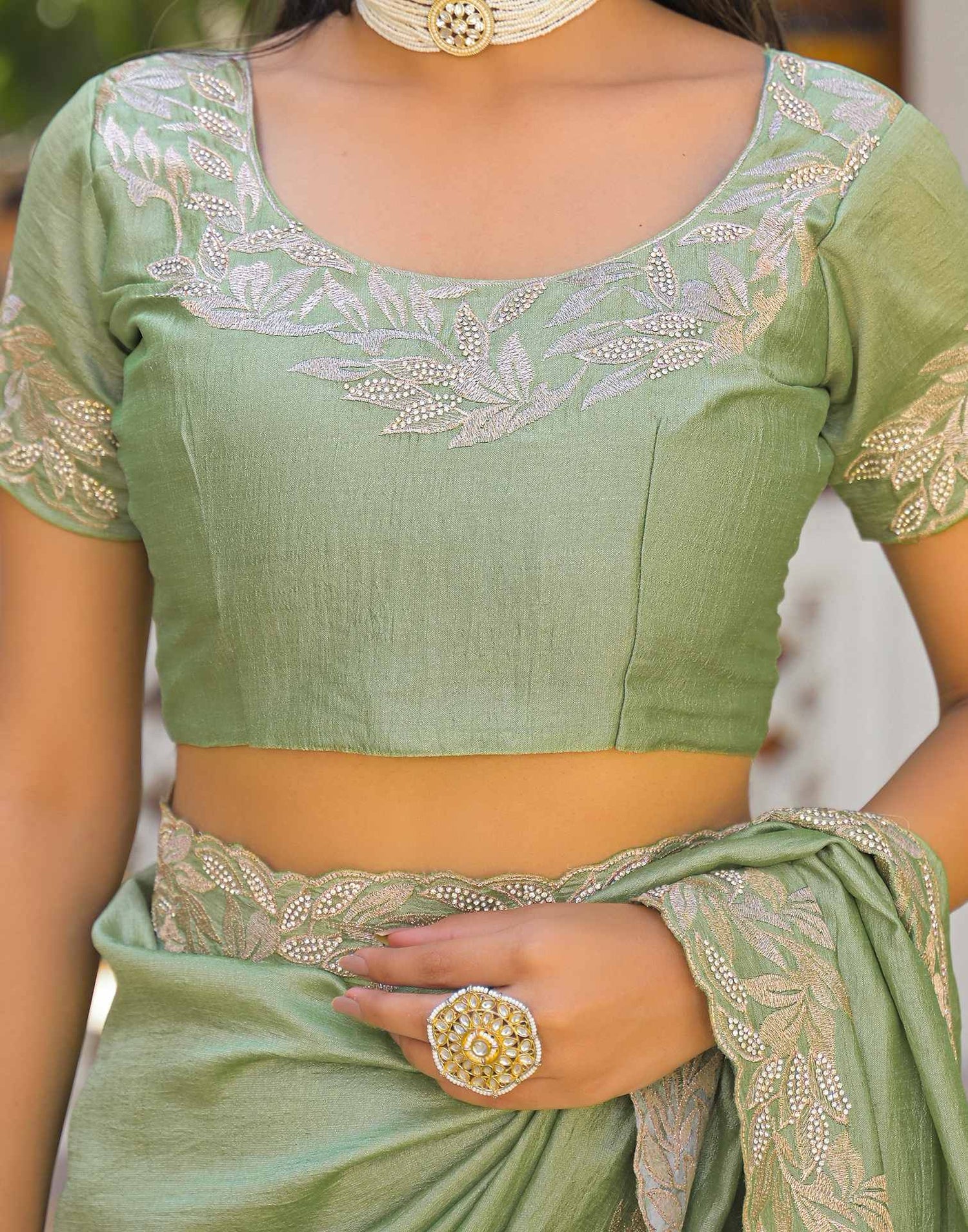 Mint Green Vichitra Silk Embroidery Saree