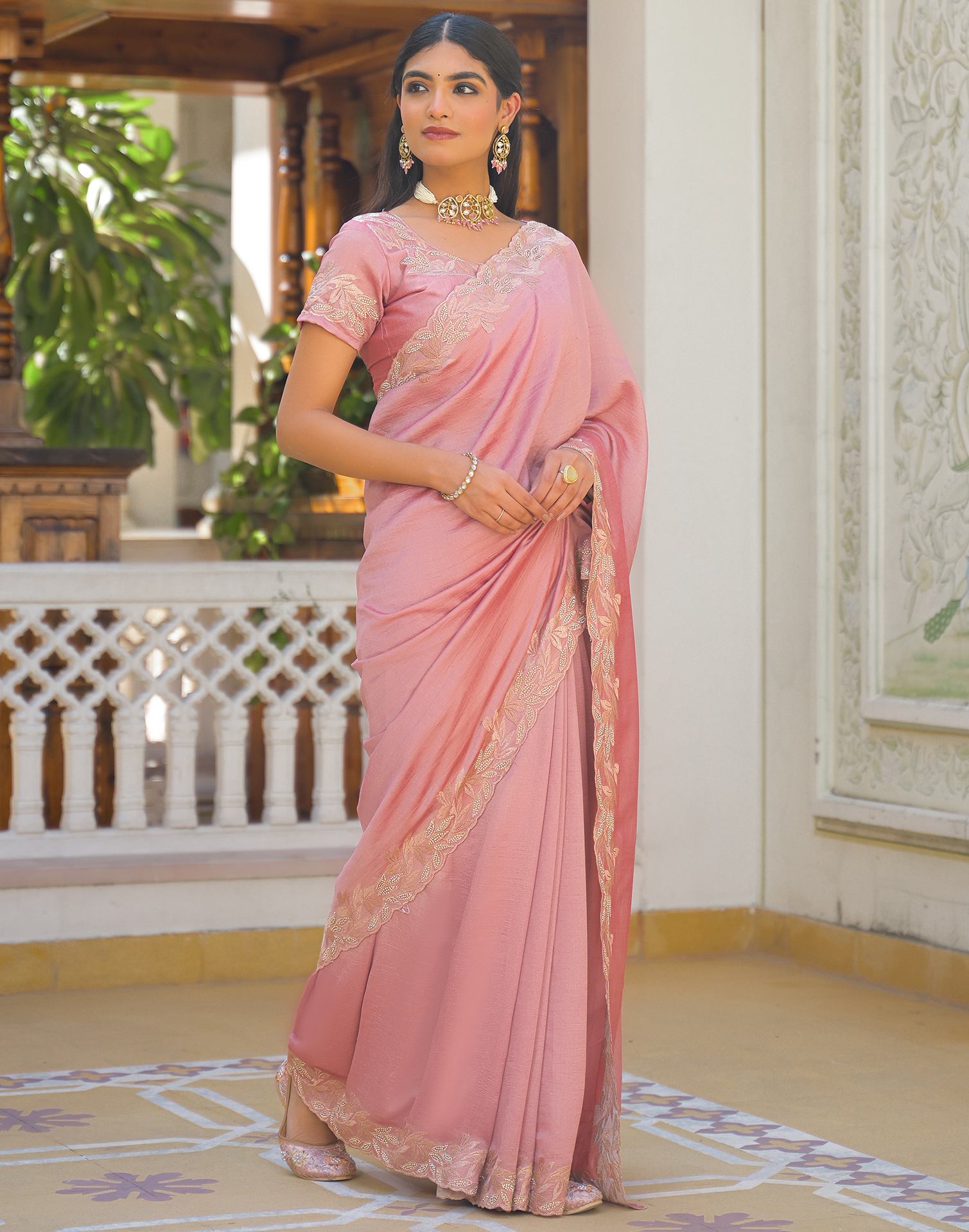 Light Pink Vichitra Silk Embroidery Saree