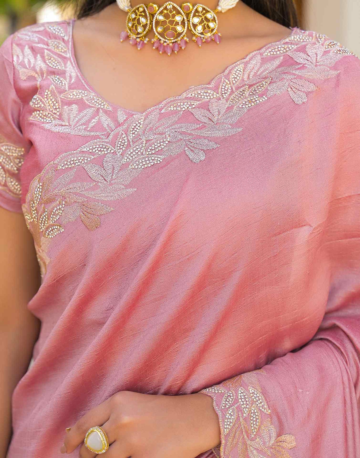 Light Pink Vichitra Silk Embroidery Saree