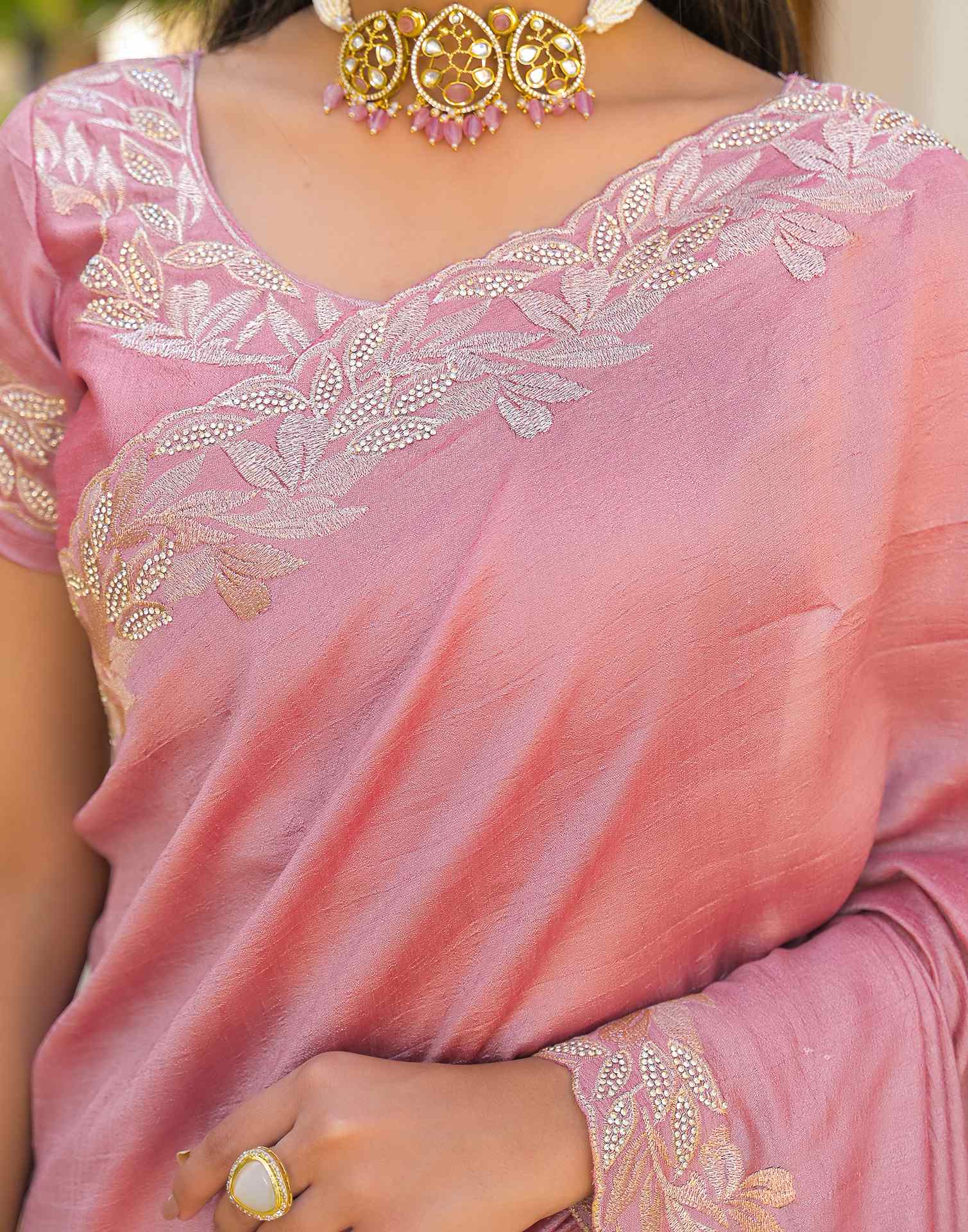 Light Pink Vichitra Silk Embroidery Saree