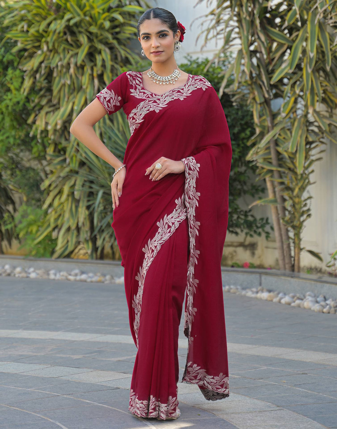 Red Vichitra Silk Embroidery Saree