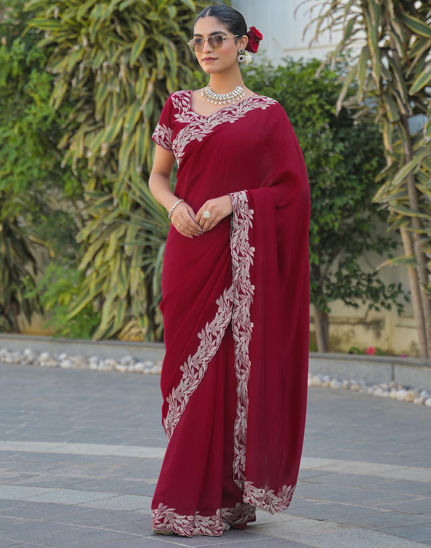 Red Vichitra Silk Embroidery Saree