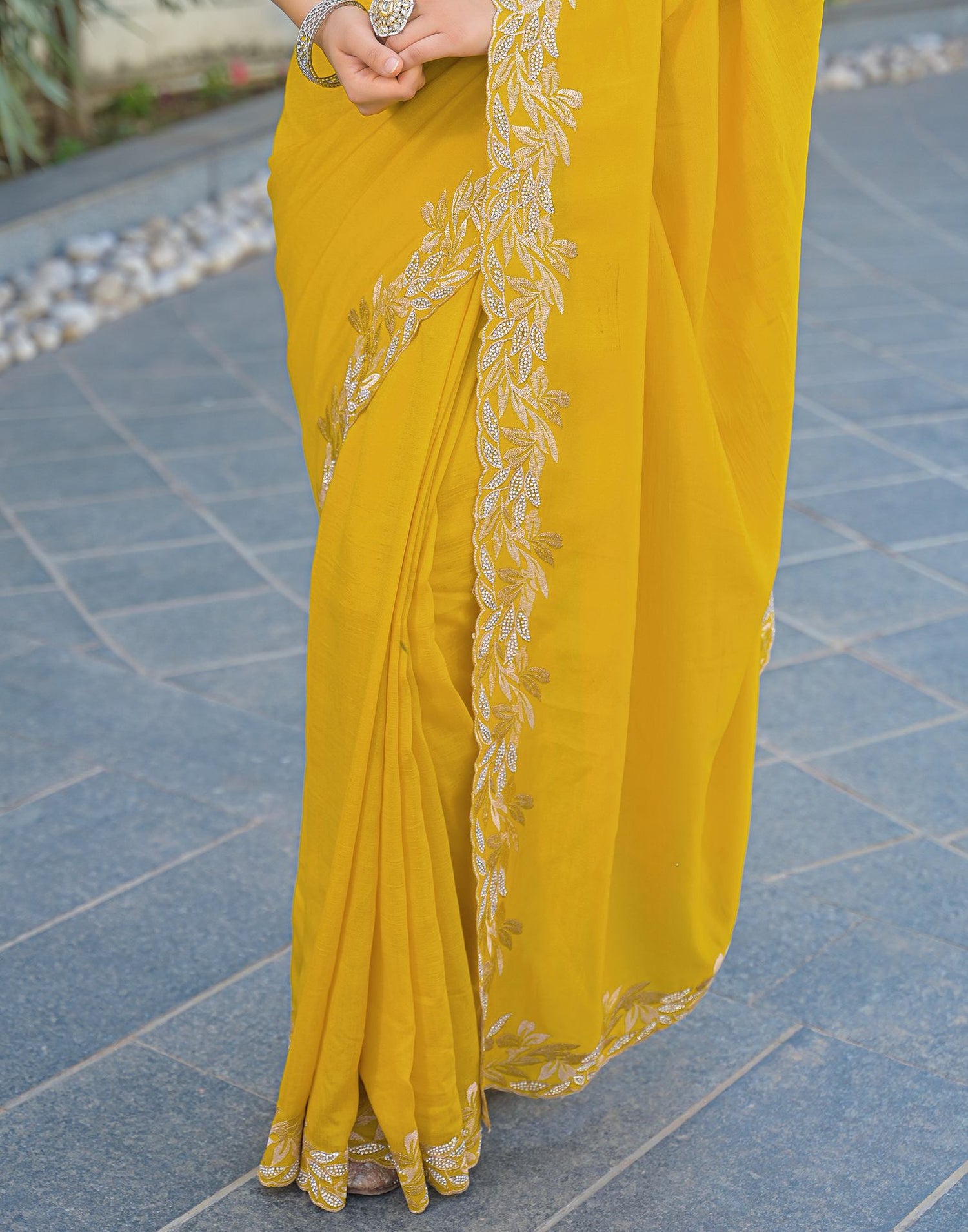 Yellow Vichitra Silk Embroidery Saree