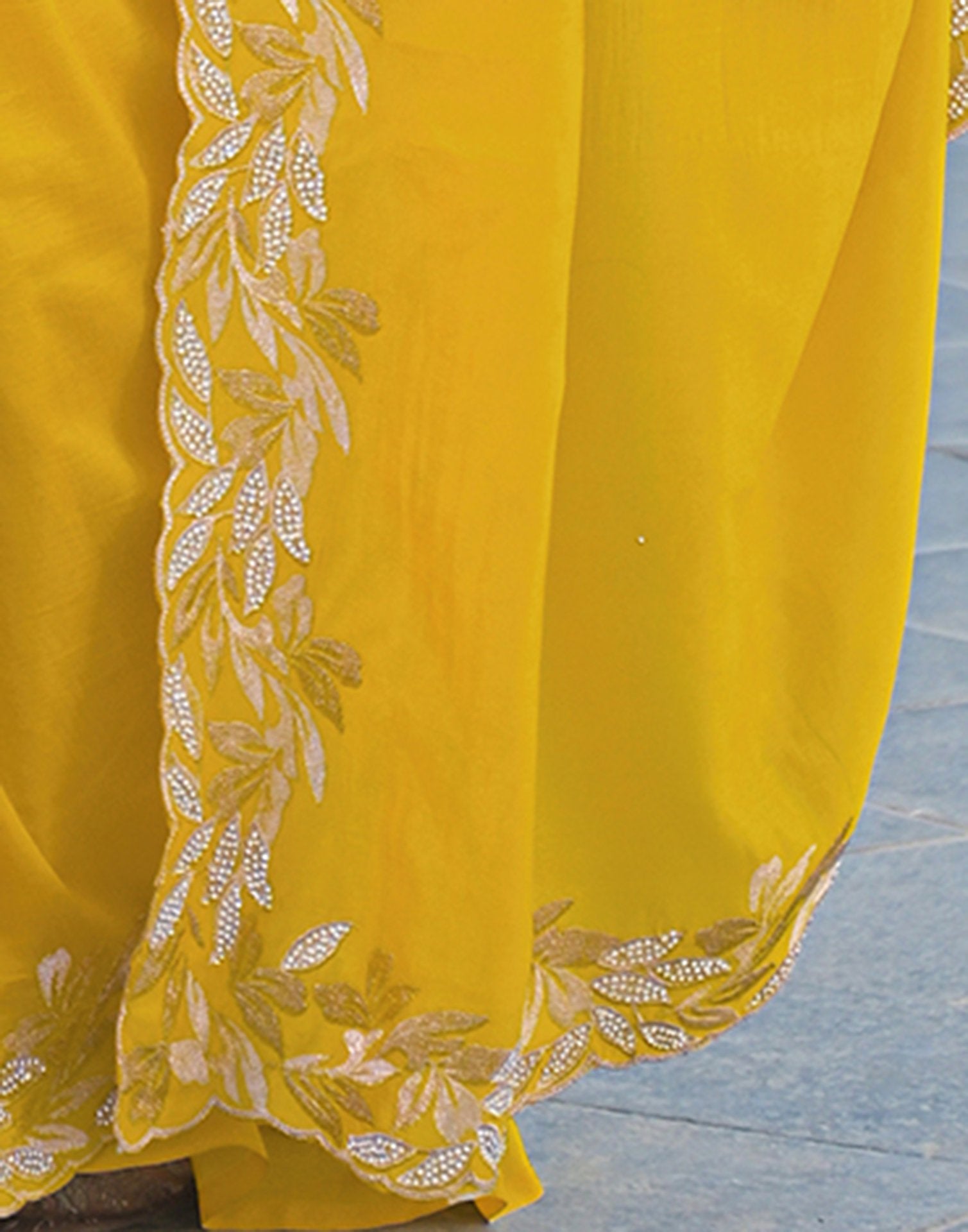 Yellow Vichitra Silk Embroidery Saree