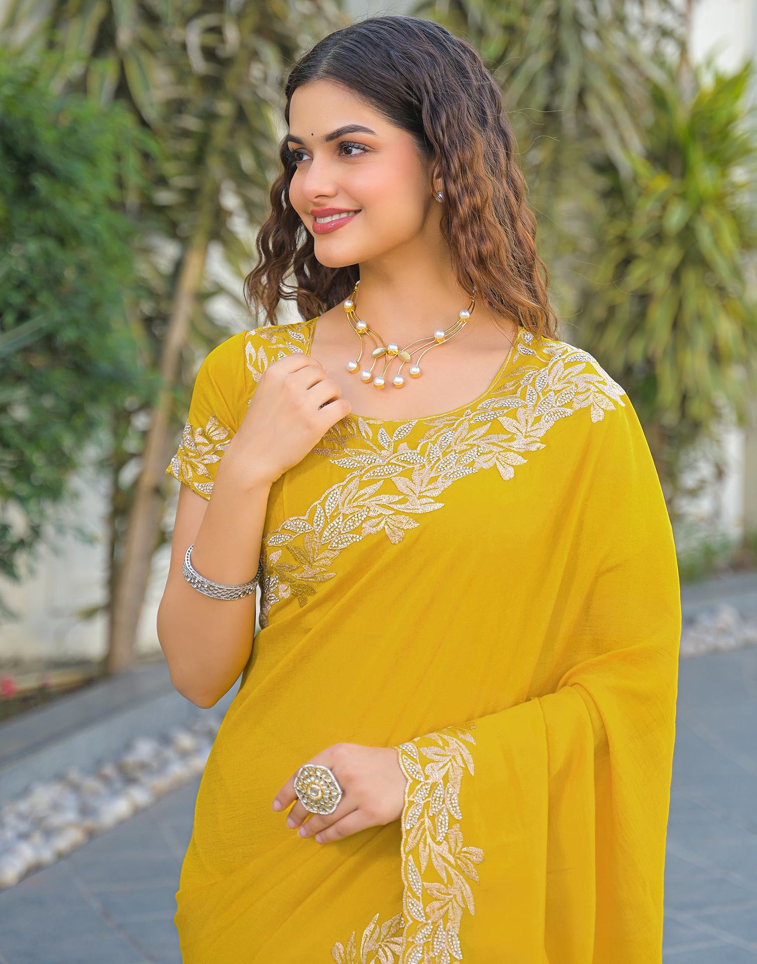 Yellow Vichitra Silk Embroidery Saree