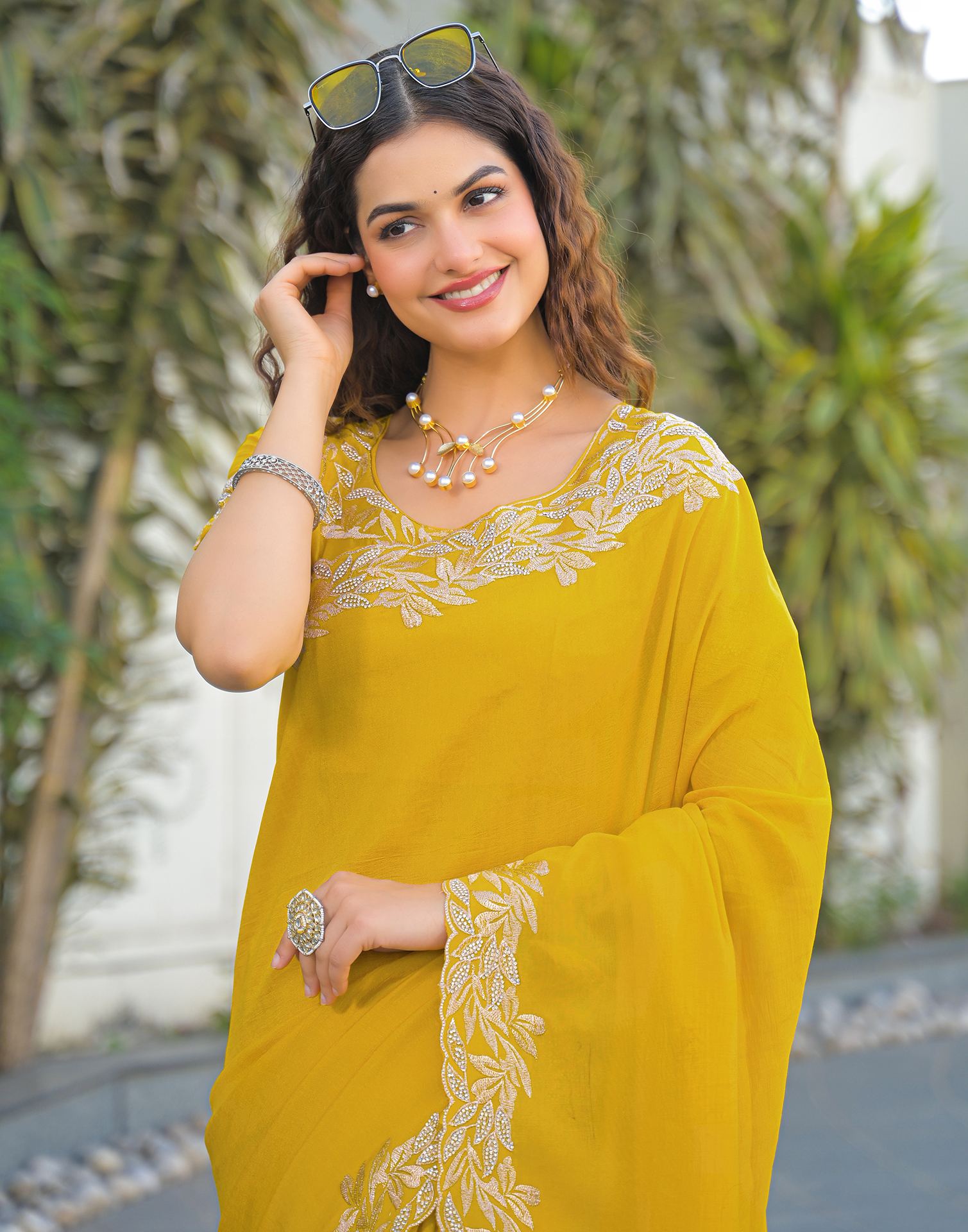 Yellow Vichitra Silk Embroidery Saree