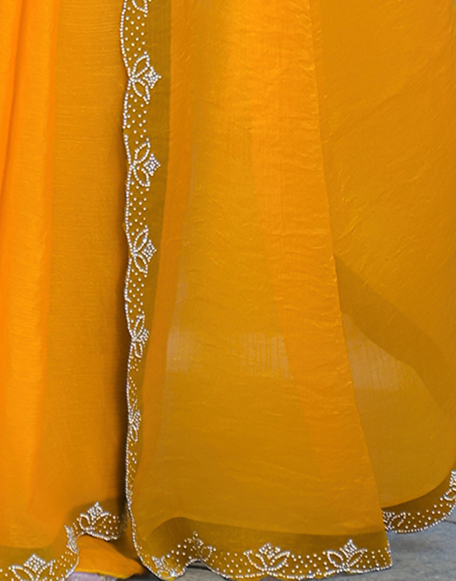 Yellow Satin Stone Work Embellished Saree