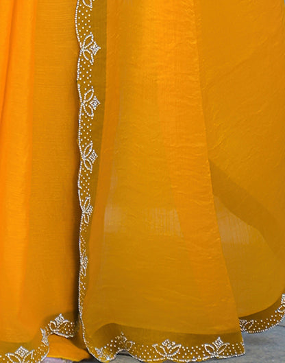 Yellow Satin Stone Work Embellished Saree