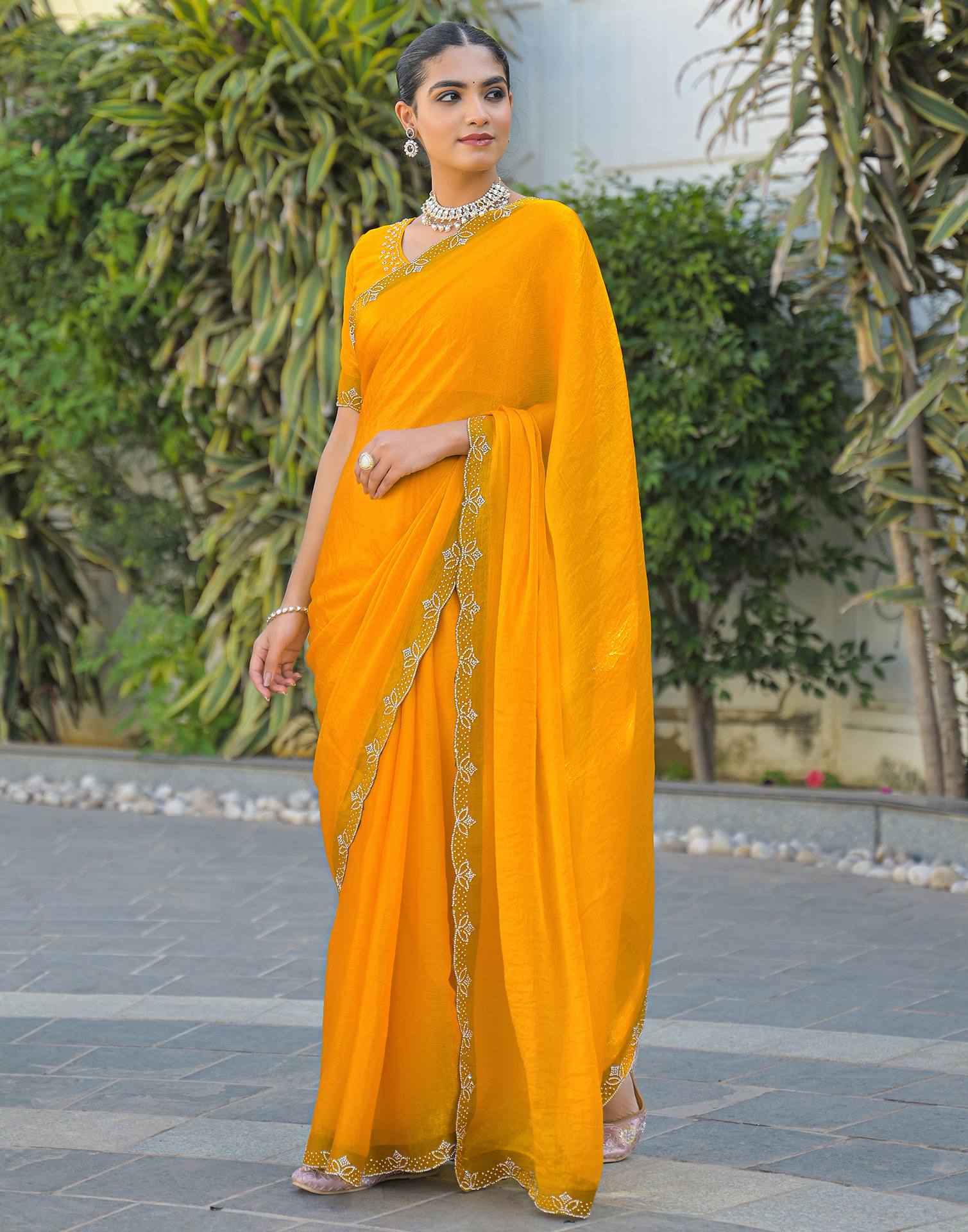 Yellow Satin Stone Work Embellished Saree