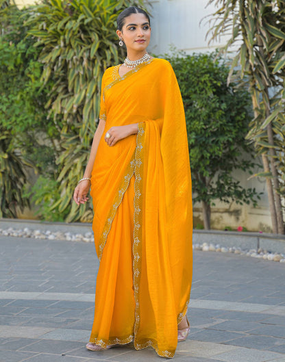 Yellow Satin Stone Work Embellished Saree