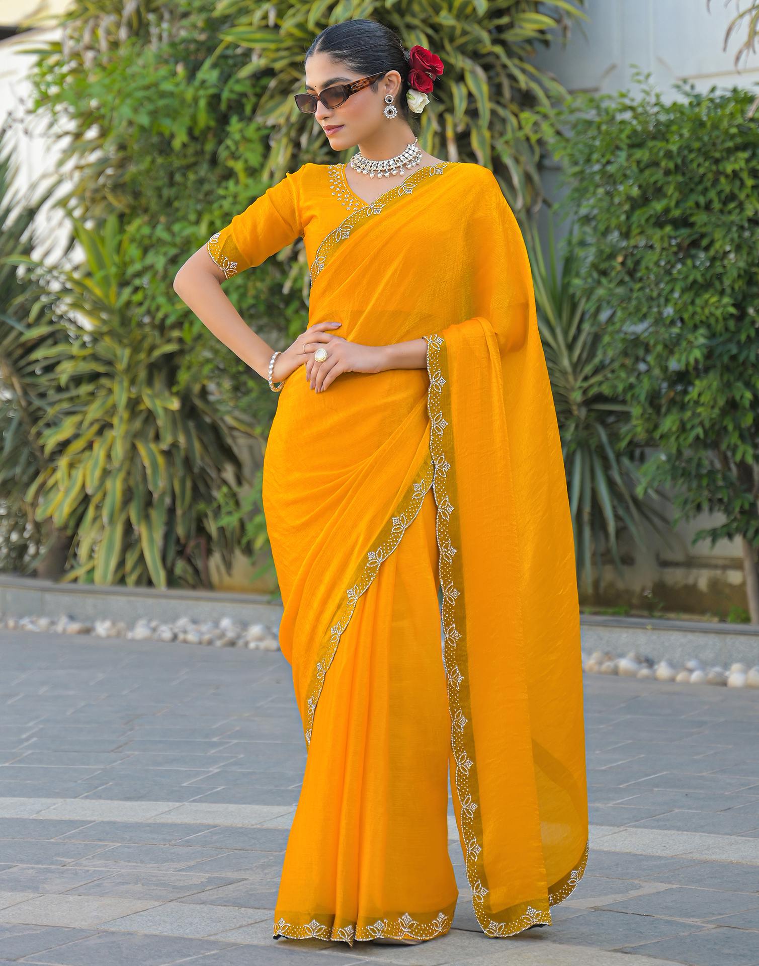 Yellow Satin Stone Work Embellished Saree