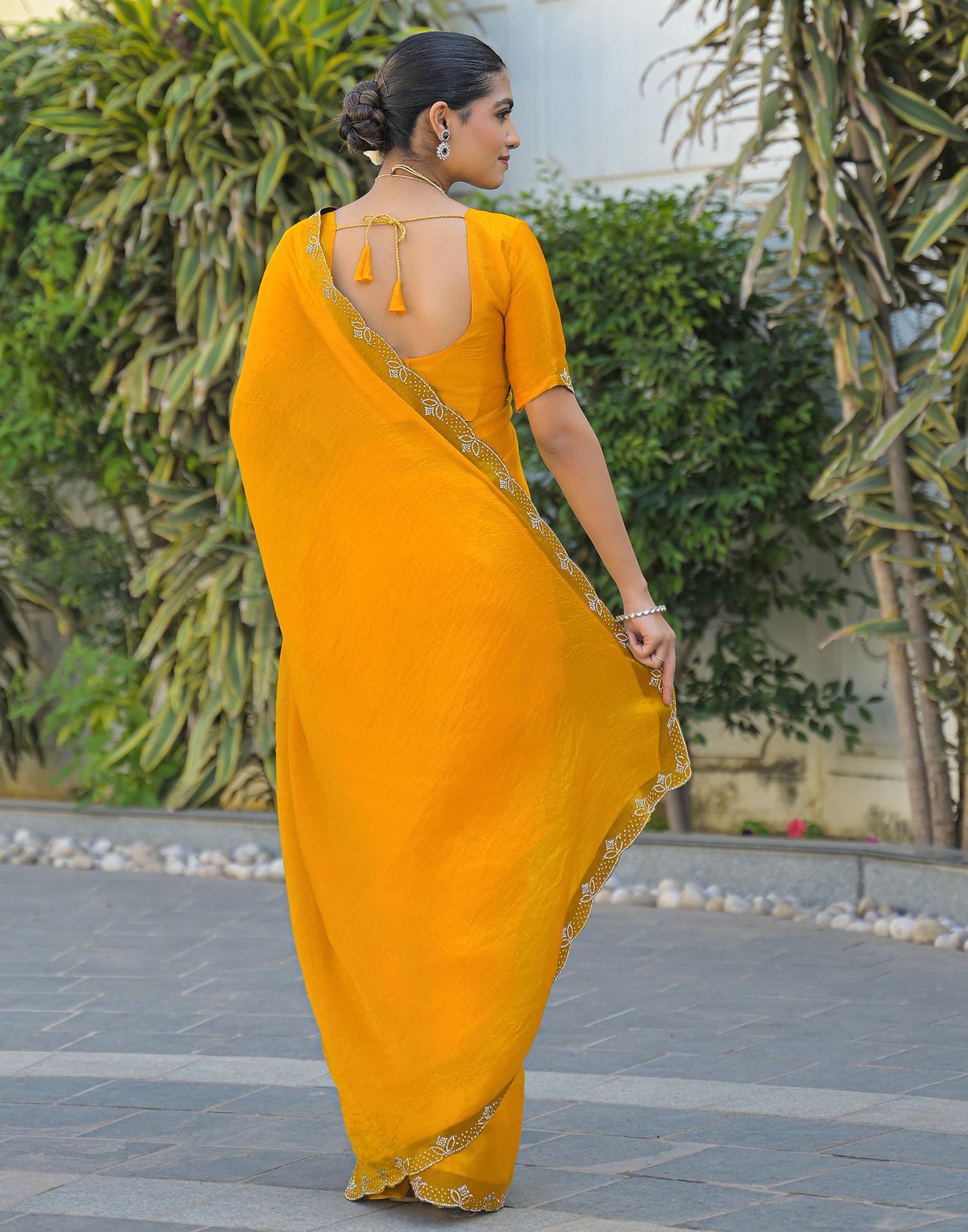 Yellow Satin Stone Work Embellished Saree