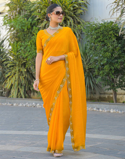 Yellow Satin Stone Work Embellished Saree
