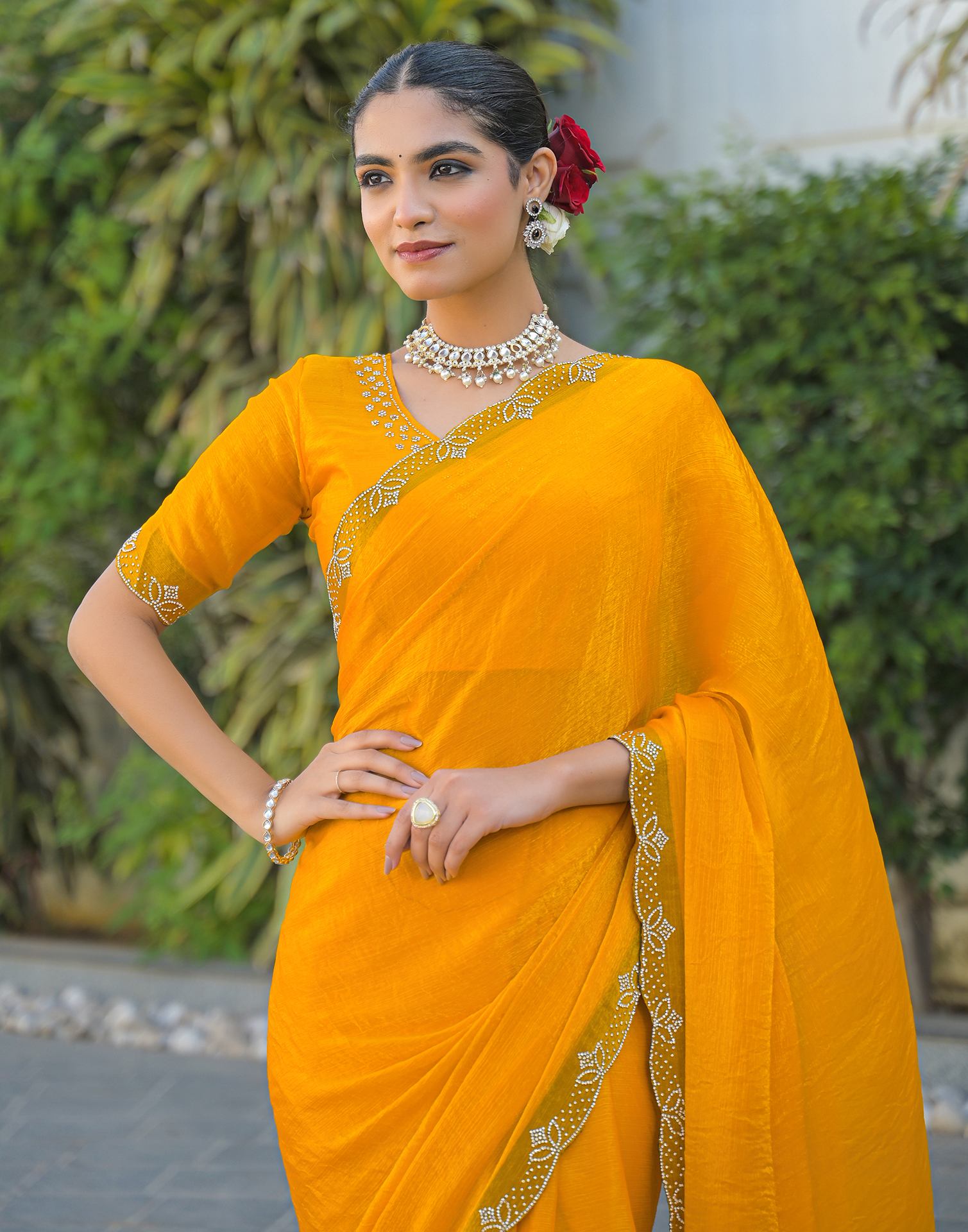 Yellow Satin Stone Work Embellished Saree