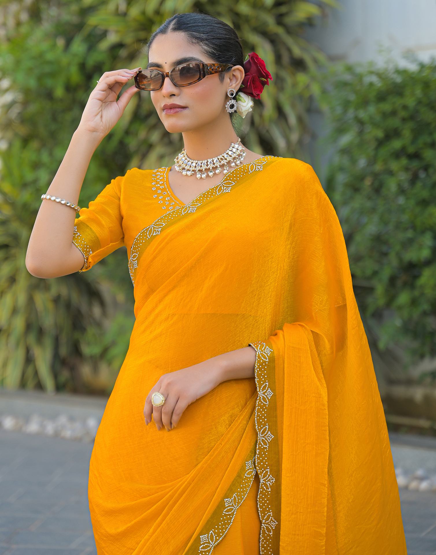Yellow Satin Stone Work Embellished Saree