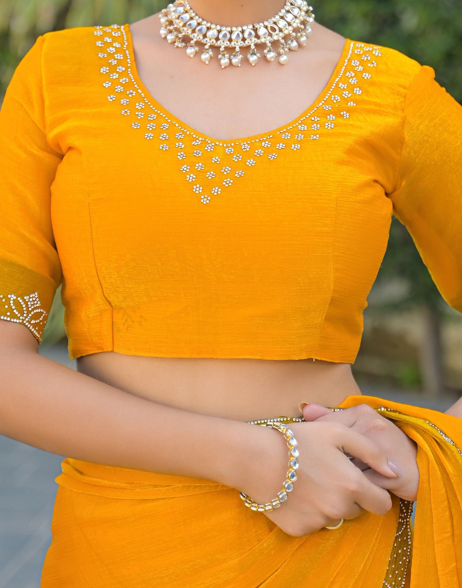 Yellow Satin Stone Work Embellished Saree