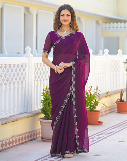Dark Purple Satin Stone Work Embellished Saree
