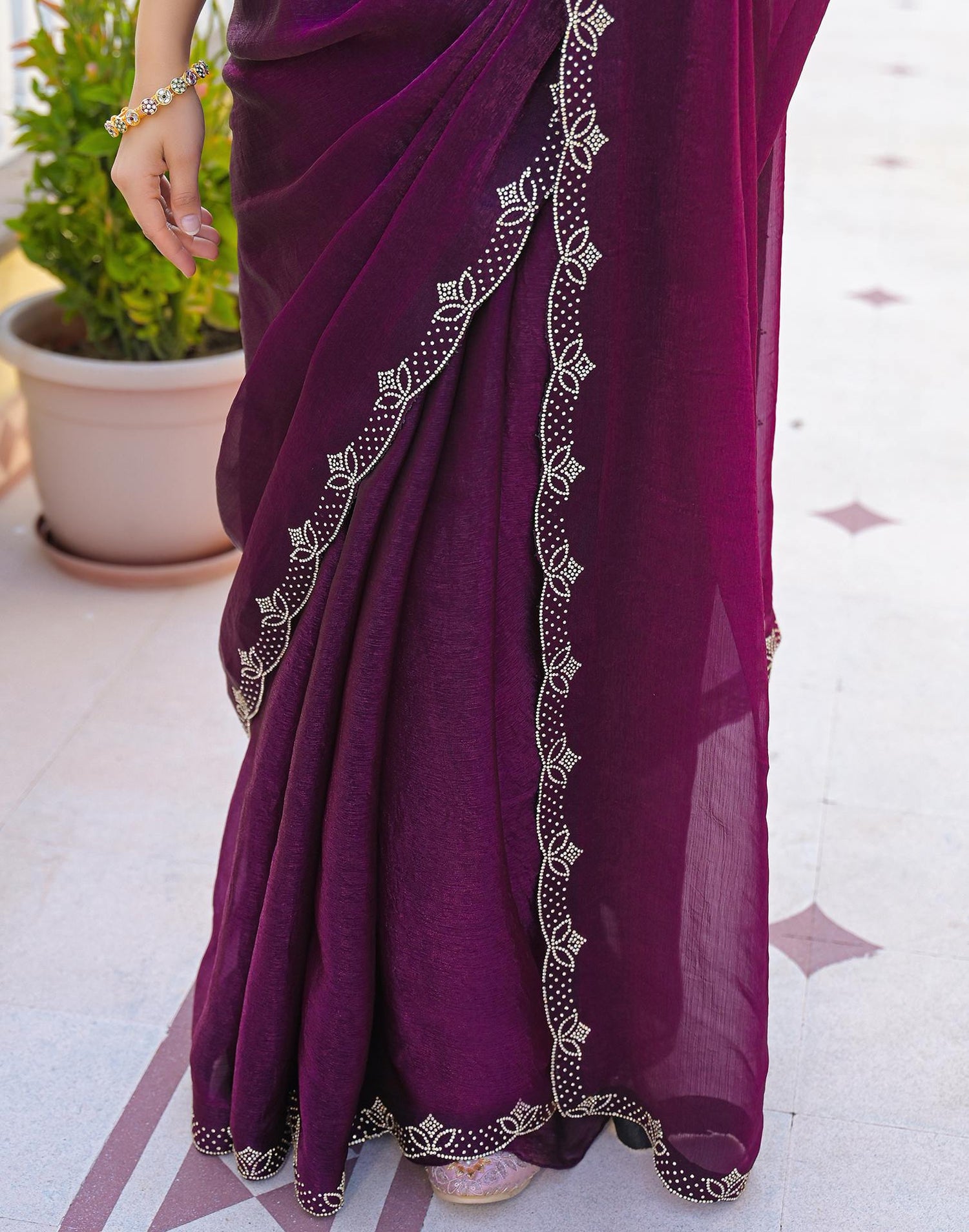 Dark Purple Satin Stone Work Embellished Saree