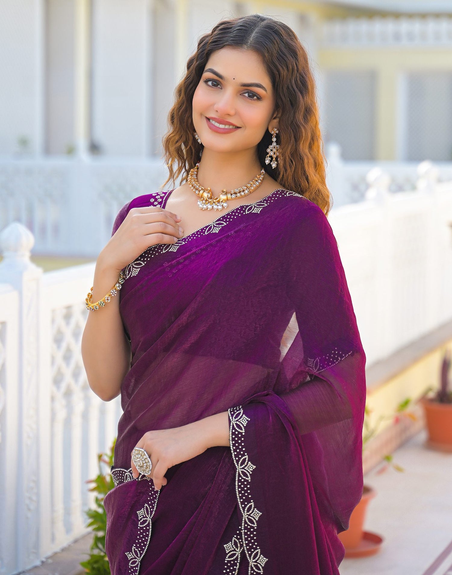 Dark Purple Satin Stone Work Embellished Saree