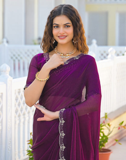 Dark Purple Satin Stone Work Embellished Saree