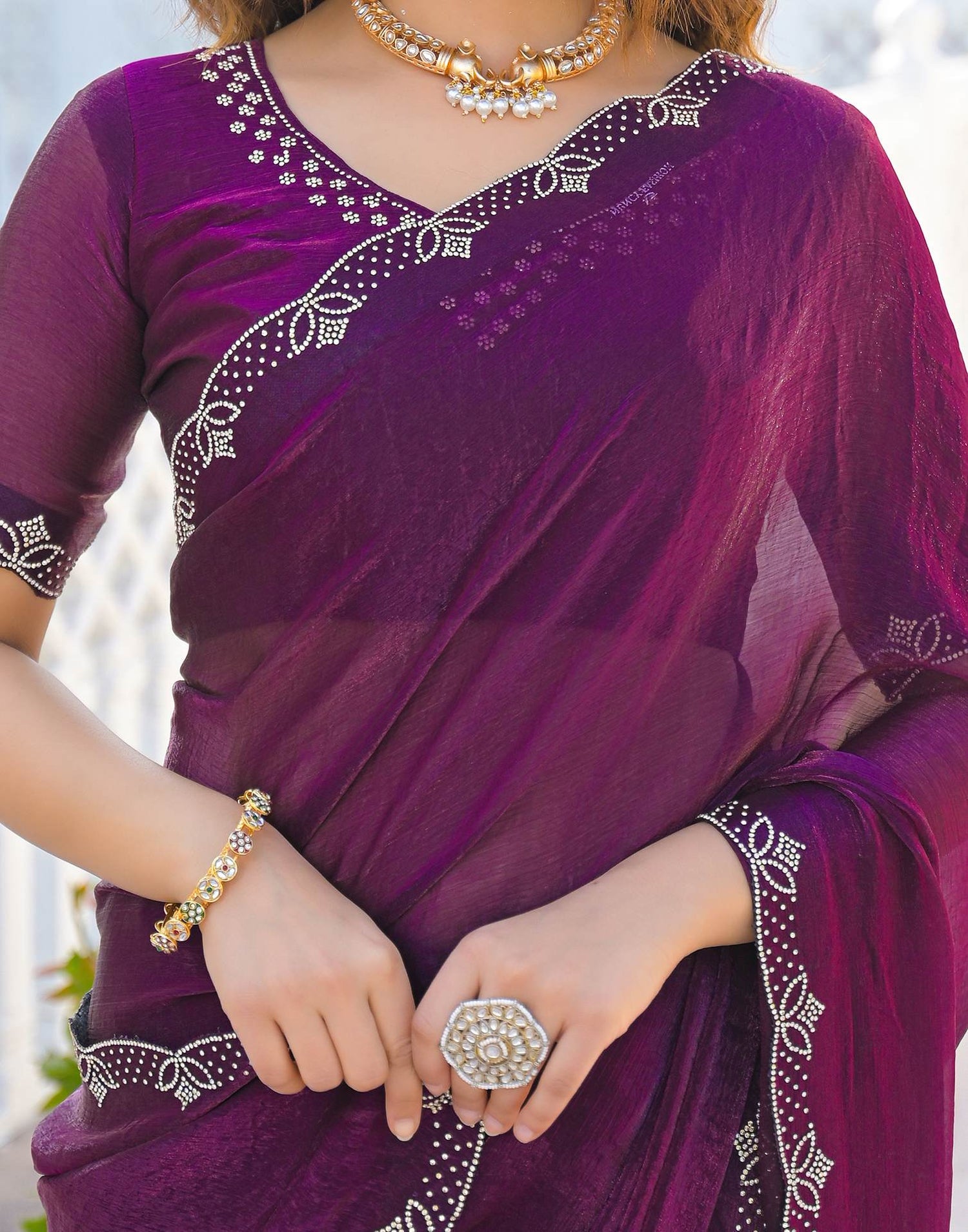 Dark Purple Satin Stone Work Embellished Saree