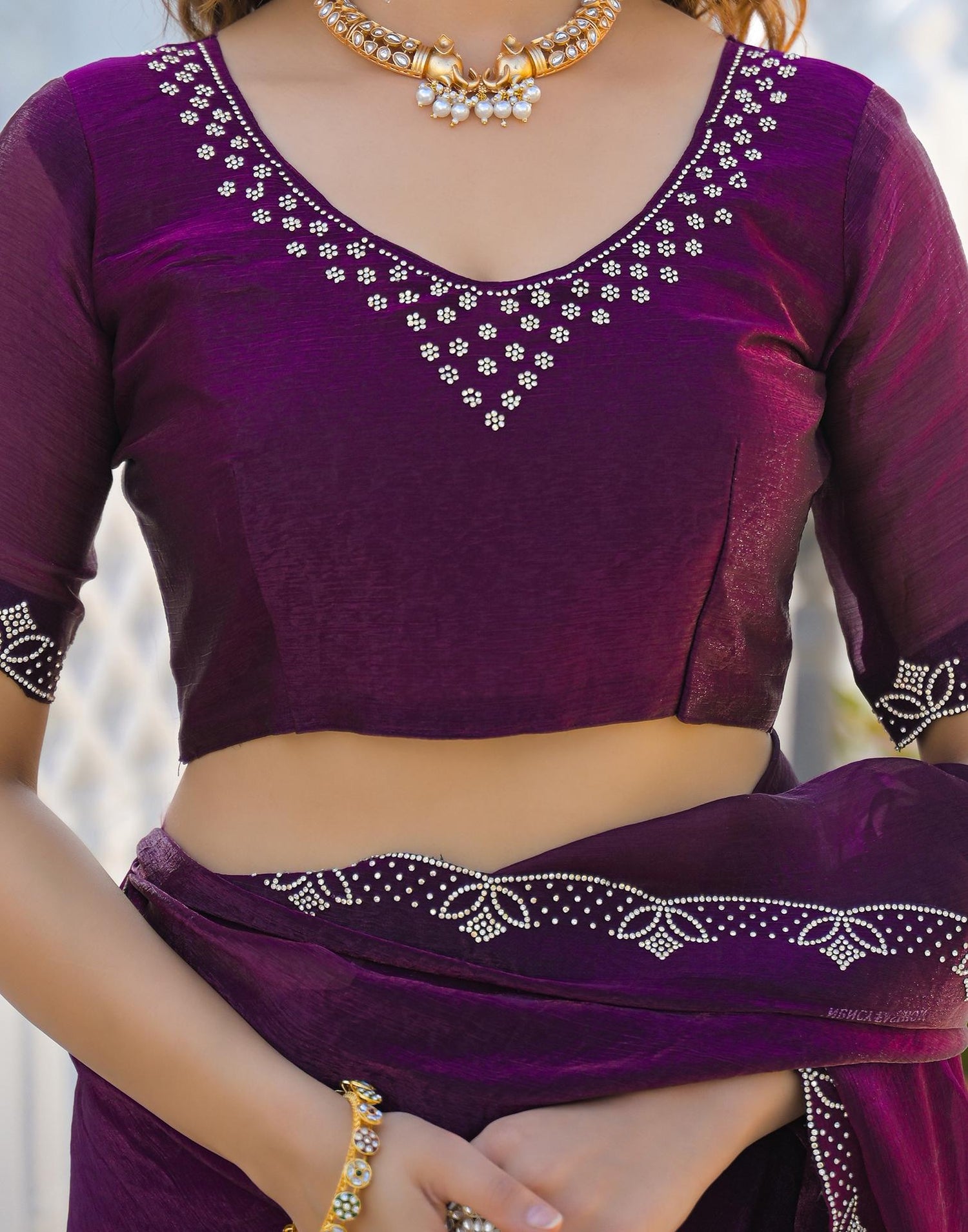 Dark Purple Satin Stone Work Embellished Saree