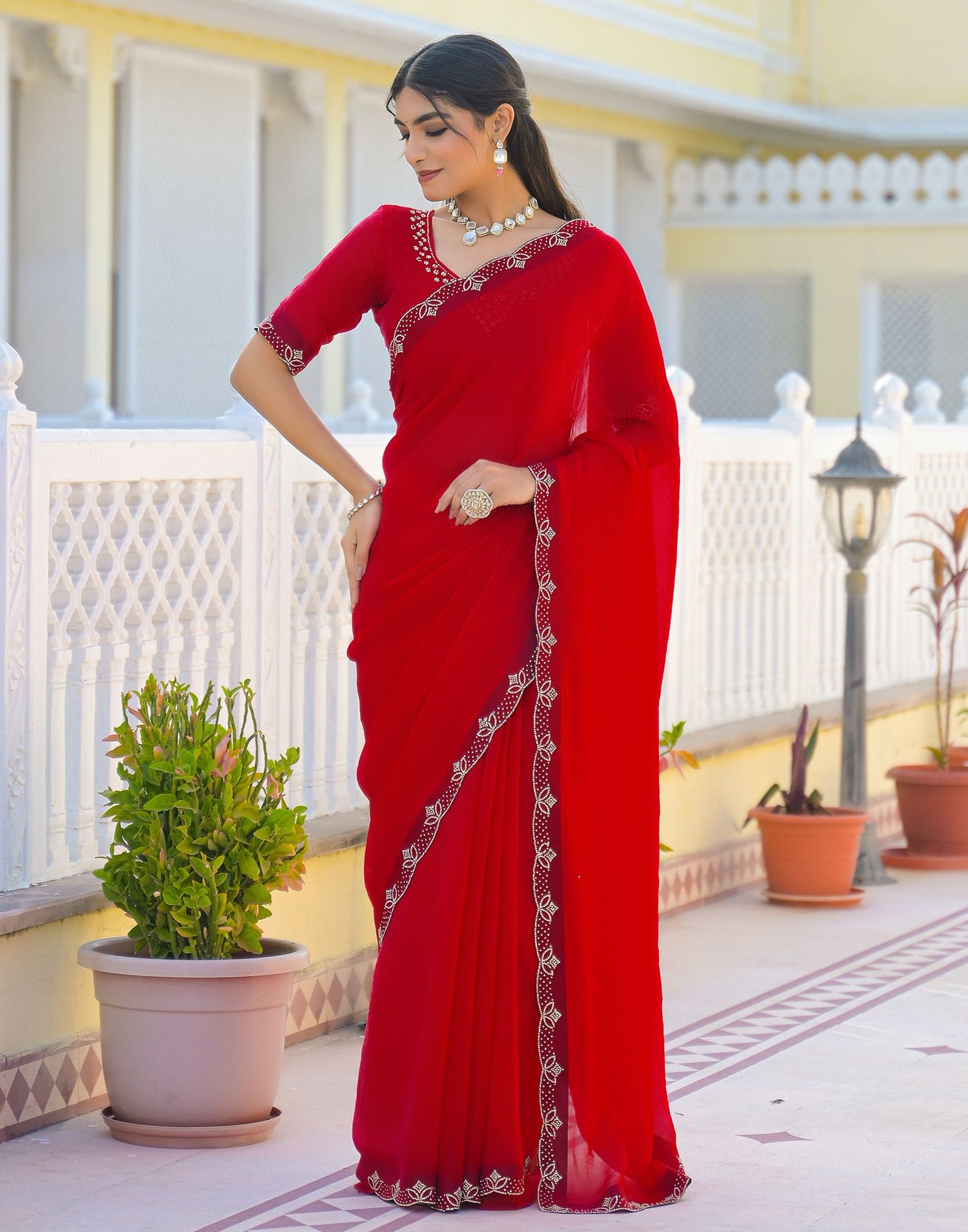 Red Satin Stone Work Embellished Saree