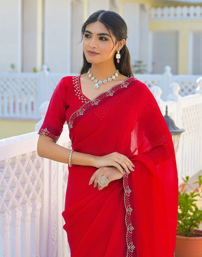 Red Satin Stone Work Embellished Saree
