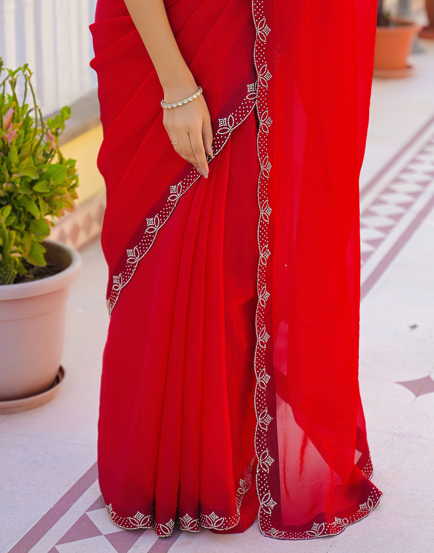 Red Satin Stone Work Embellished Saree
