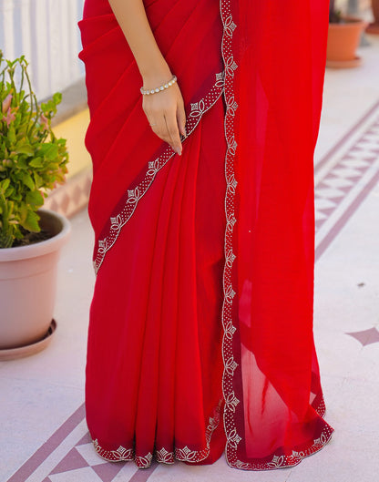 Red Satin Stone Work Embellished Saree