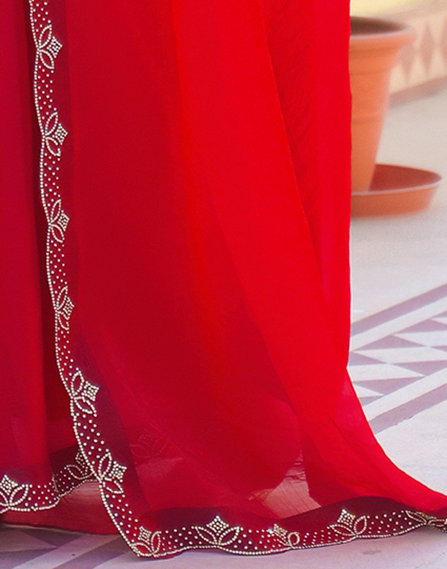 Red Satin Stone Work Embellished Saree