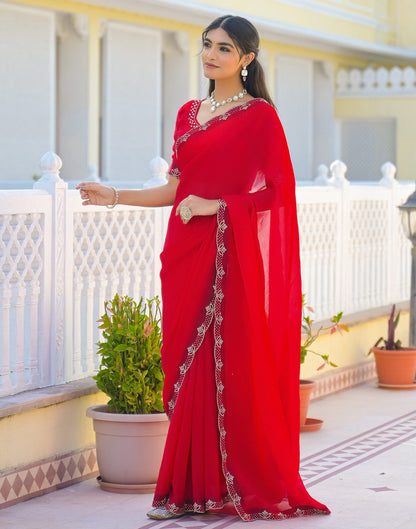 Red Satin Stone Work Embellished Saree