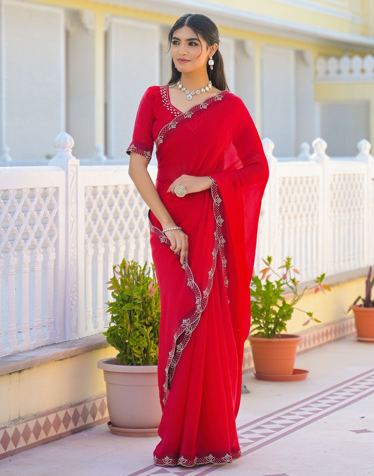 Red Satin Stone Work Embellished Saree