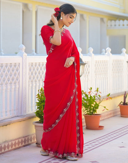 Red Satin Stone Work Embellished Saree