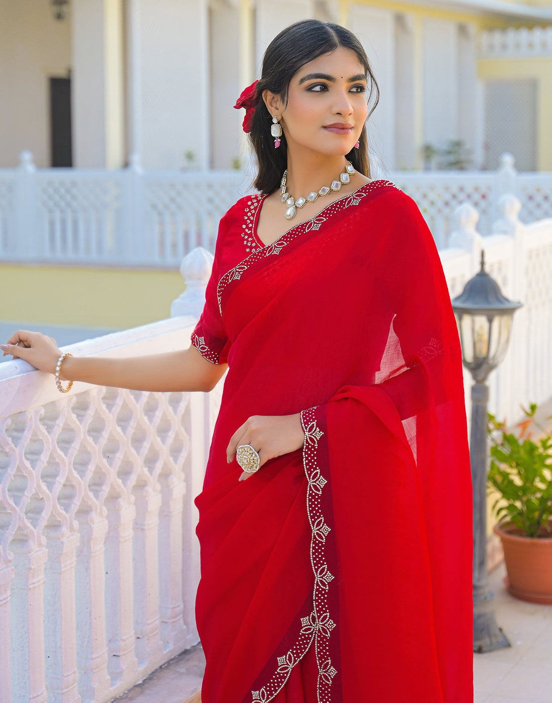 Red Satin Stone Work Embellished Saree