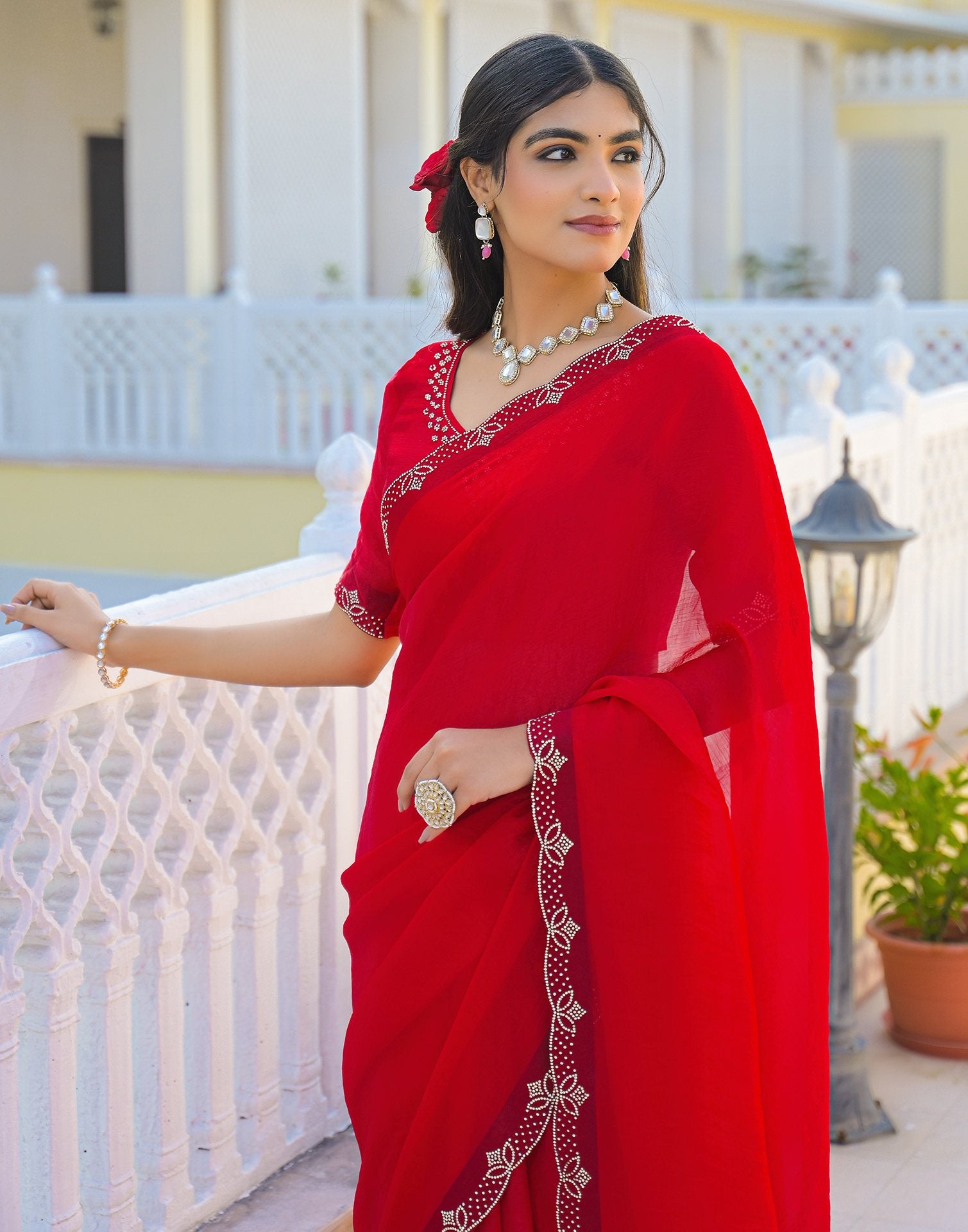 Red Satin Stone Work Embellished Saree
