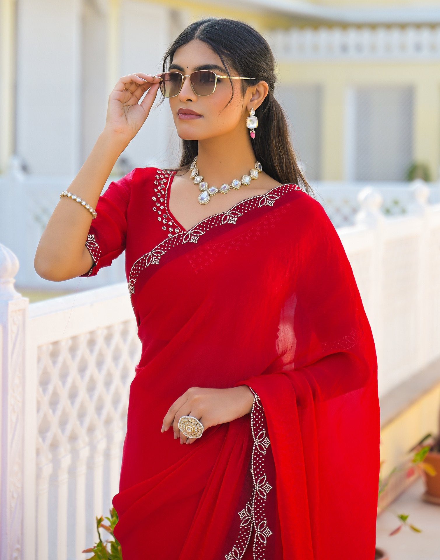 Red Satin Stone Work Embellished Saree
