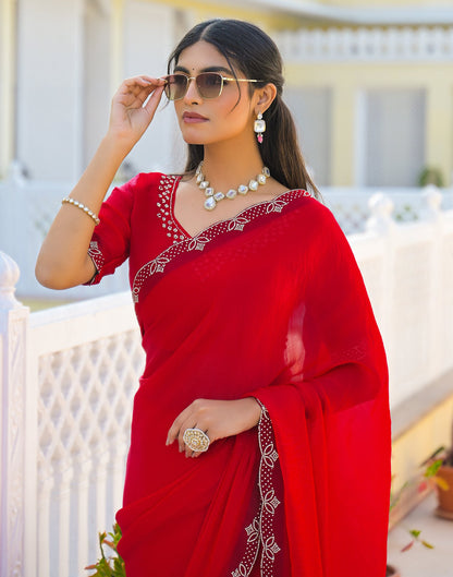 Red Satin Stone Work Embellished Saree