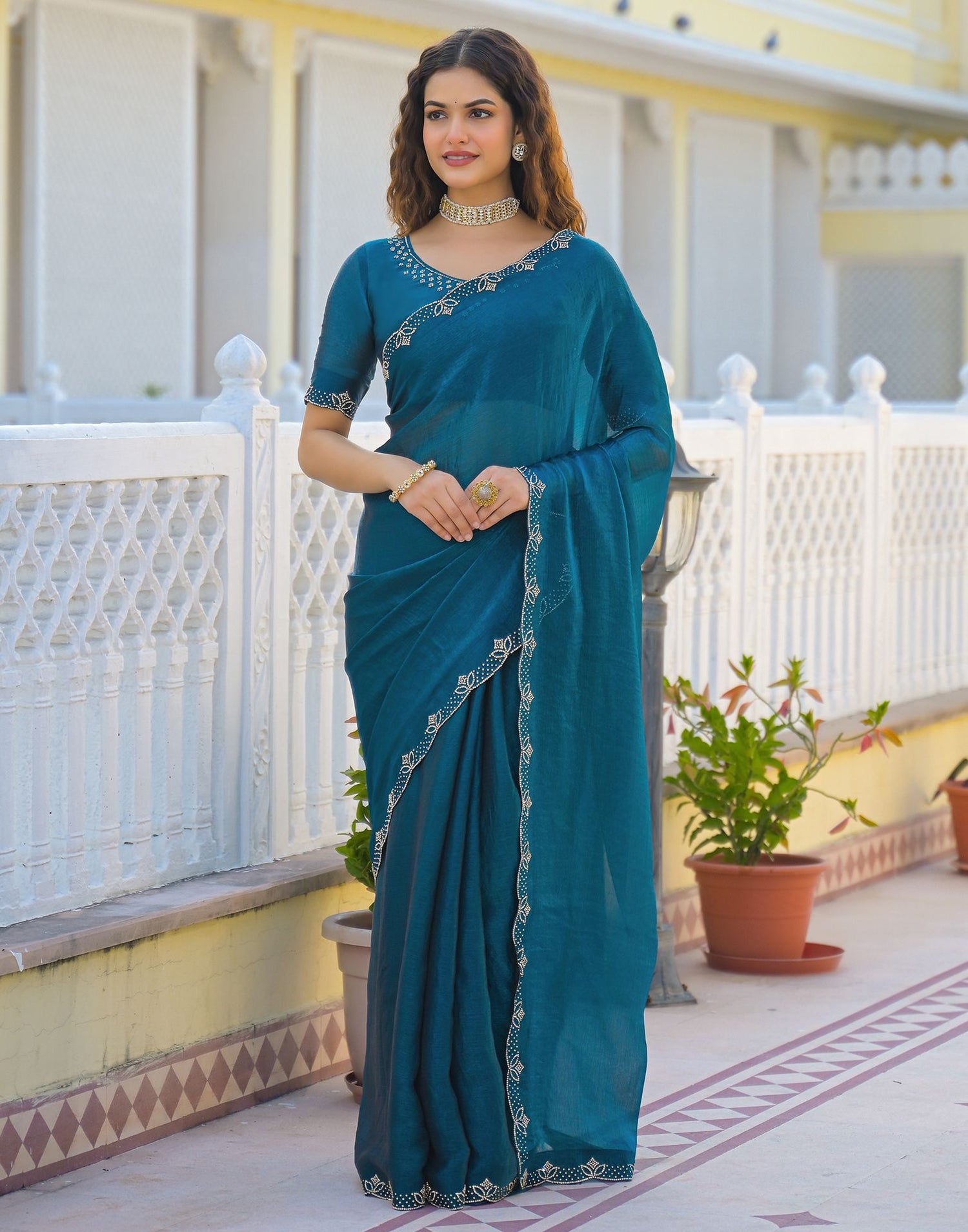 Peacock Blue Satin Stone Work Embellished Saree