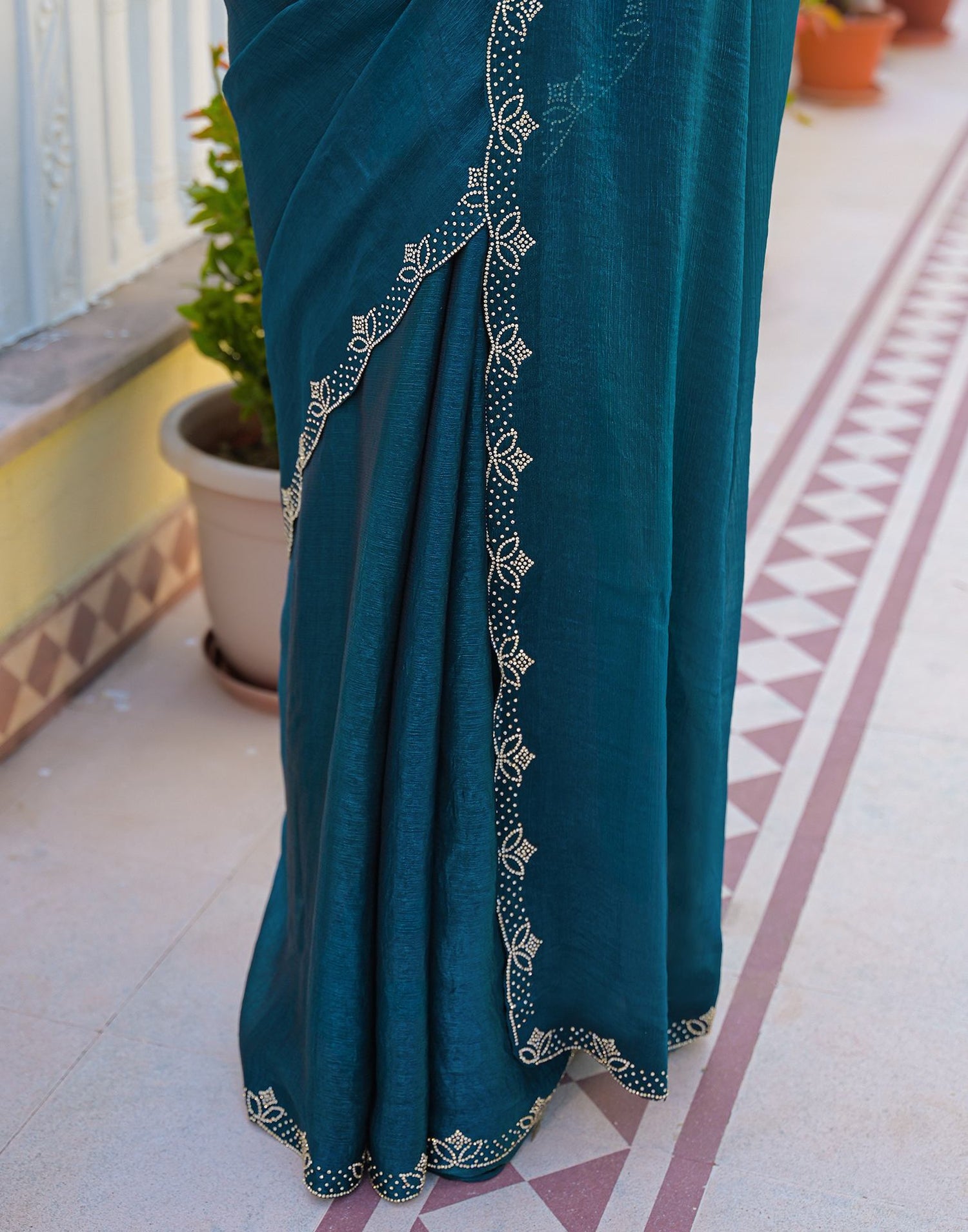 Peacock Blue Satin Stone Work Embellished Saree