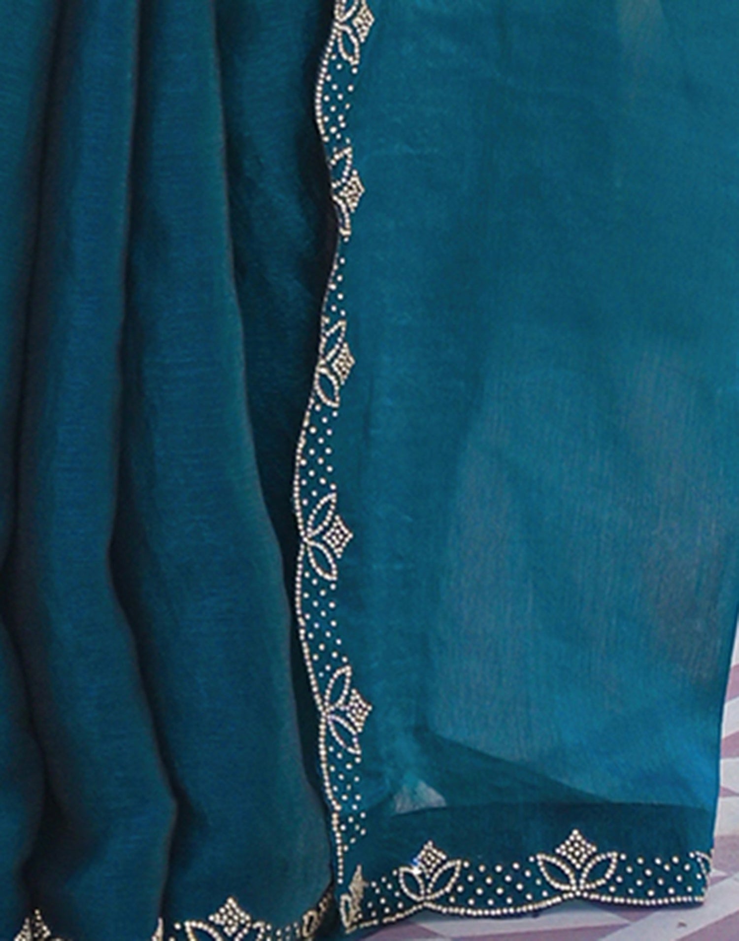 Peacock Blue Satin Stone Work Embellished Saree