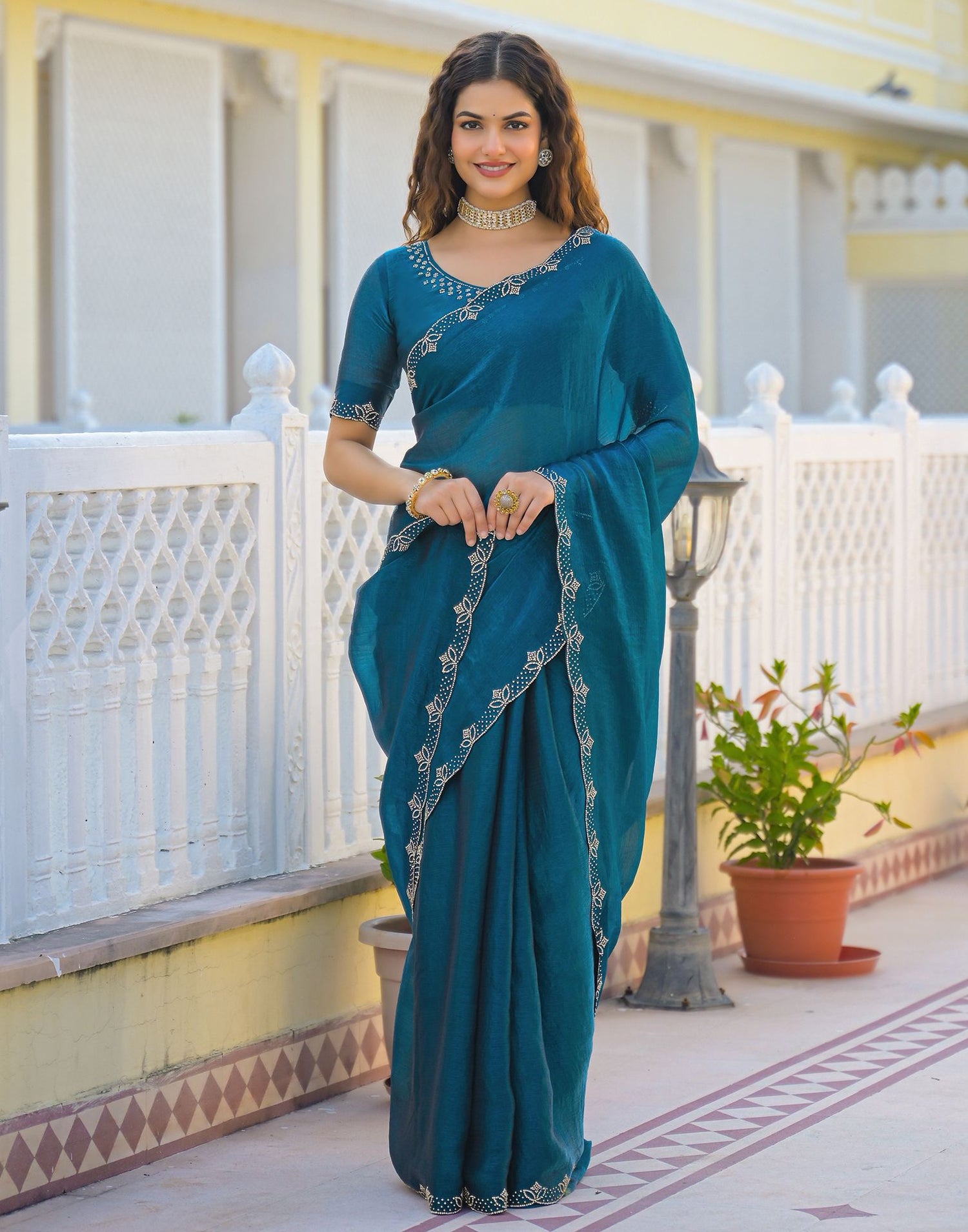 Peacock Blue Satin Stone Work Embellished Saree