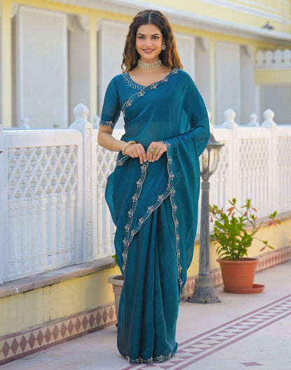 Peacock Blue Satin Stone Work Embellished Saree