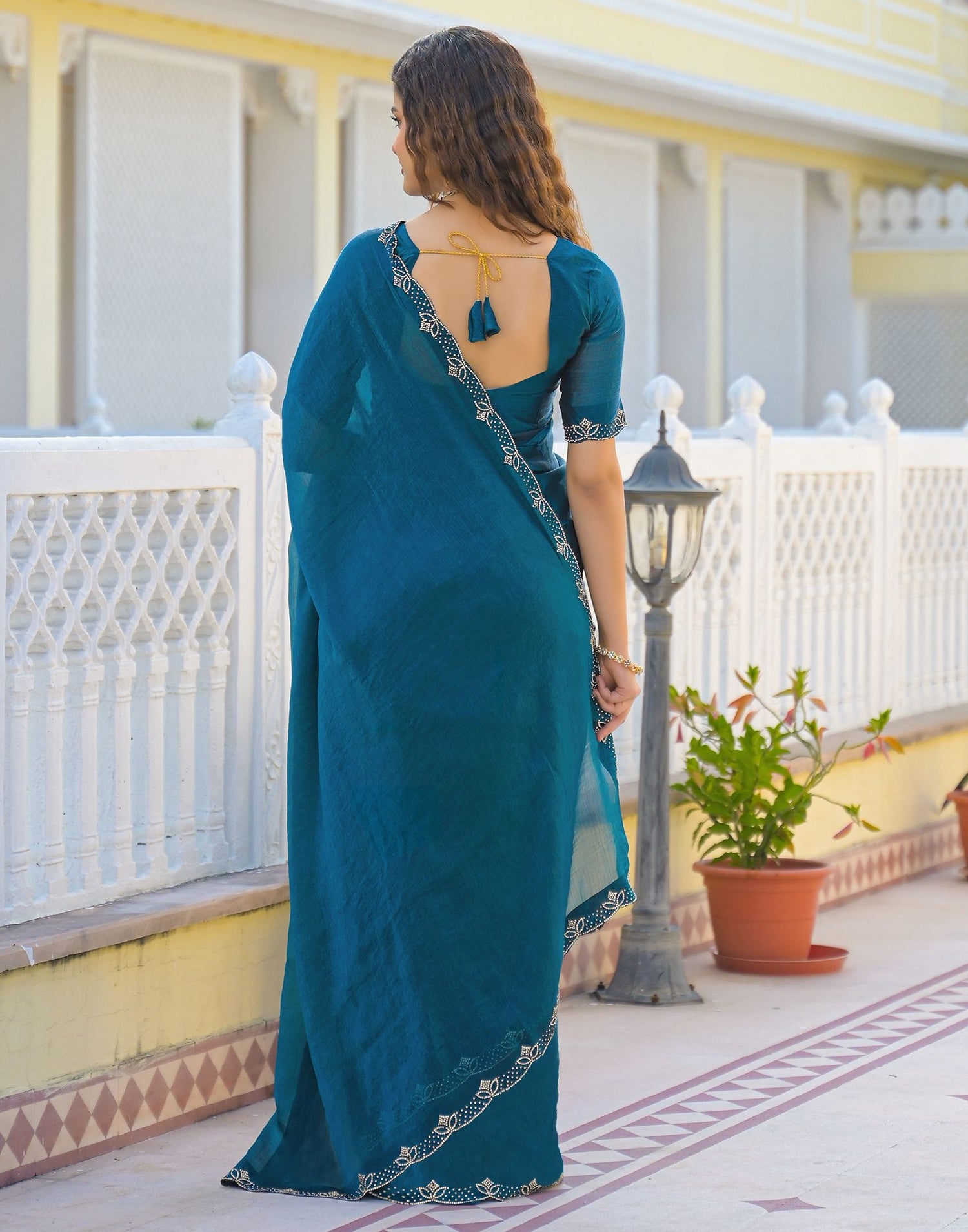 Peacock Blue Satin Stone Work Embellished Saree