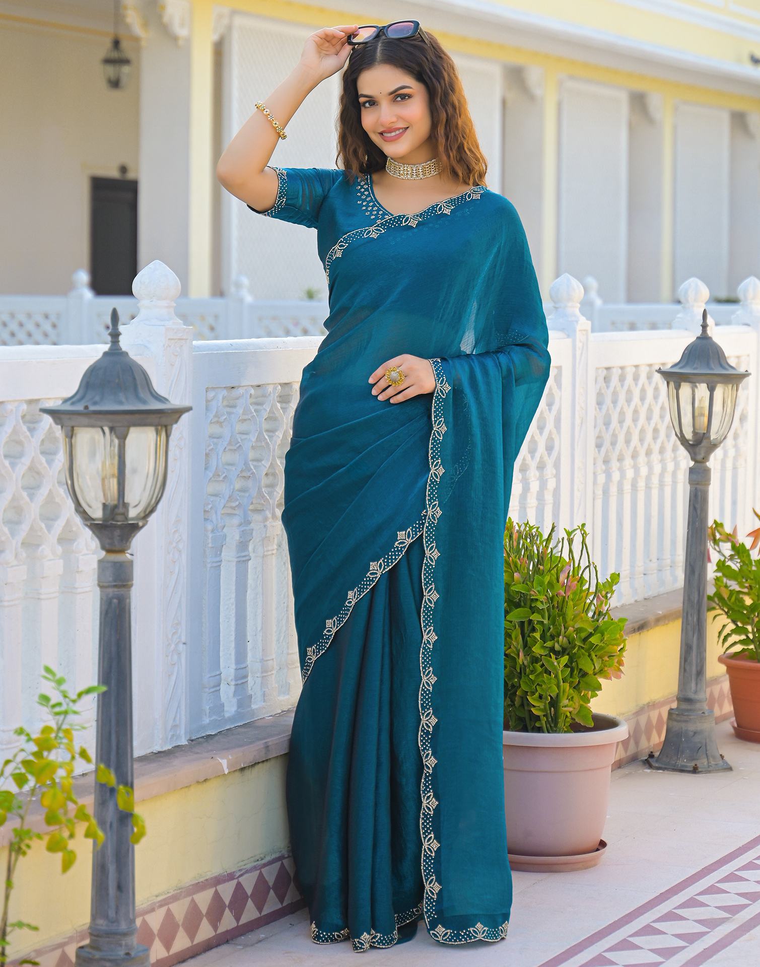 Peacock Blue Satin Stone Work Embellished Saree